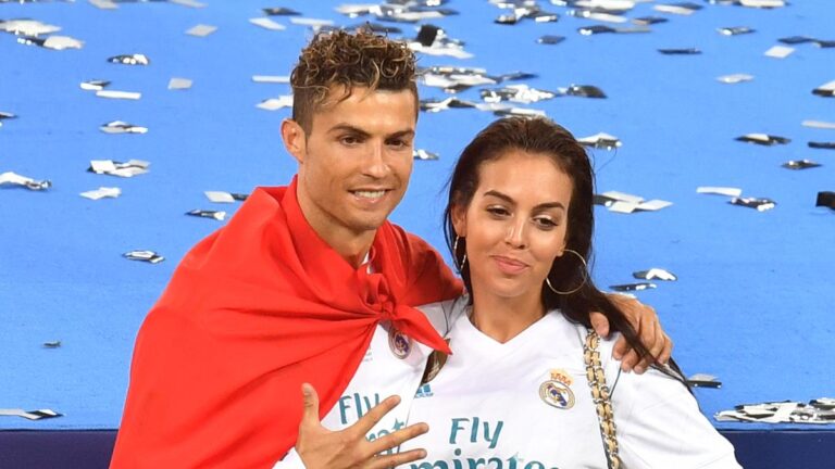 Portuguese forward Cristiano Ronaldo of Real Madrid poses with his girlfriend Georgina RodrÃguez.