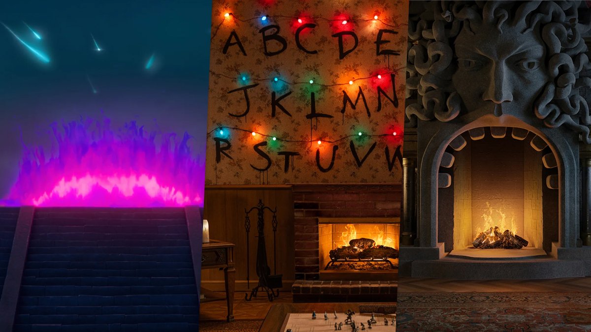 Netflix themed fireplaces featuring Stranger Things, Wednesday, and KPop Demon Hunters